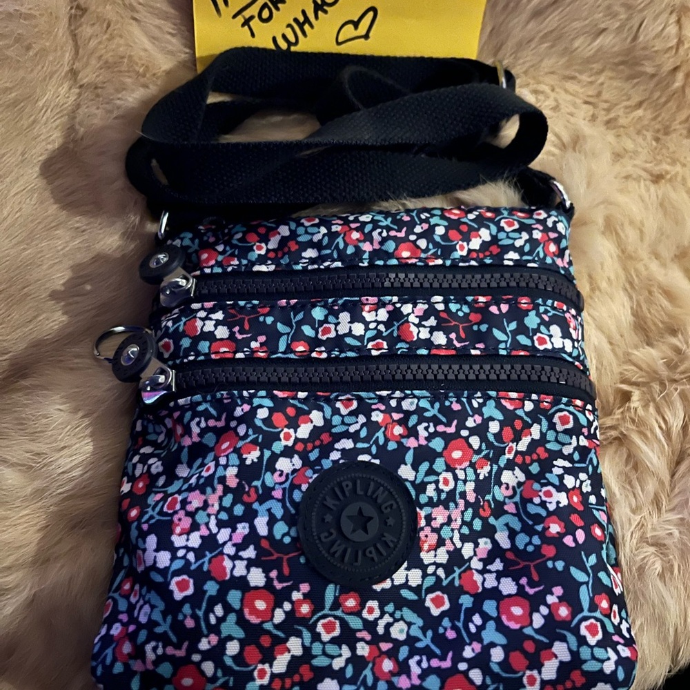 Kipling Crossbody Bag with Floral Pattern - Black and Red